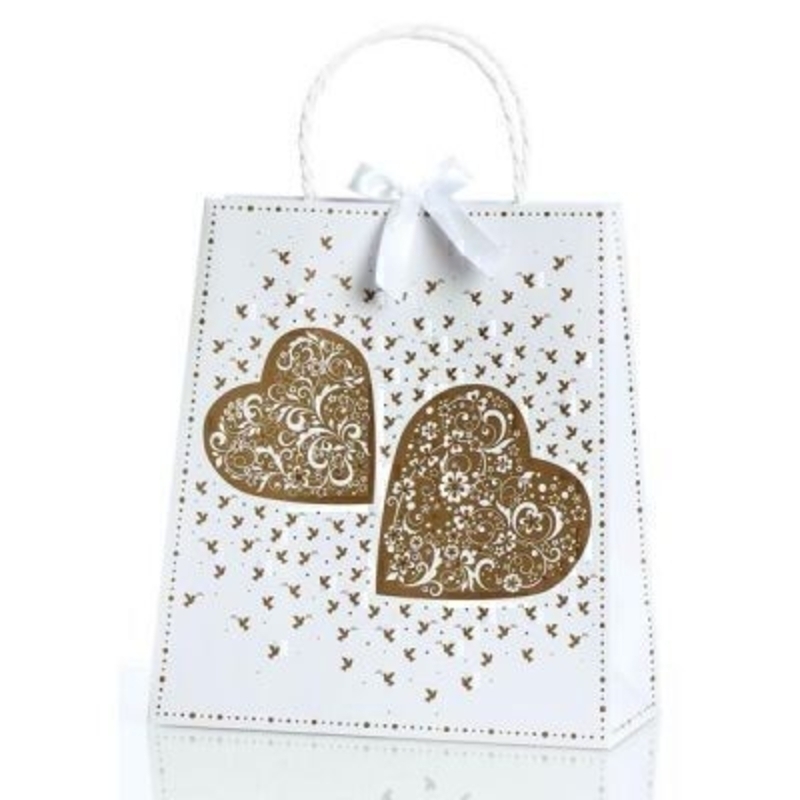 Wedding Gift Bag - Seline White By Stewo Seline Wedding Gift Bag By Stewo White with Gold Print of Heats and Doves. This quality gift bag by Swiss designers Stewo will not disappoint. It has all the quality and detailing you would expect from Stewo. This gift bag is made from thick card. Rop